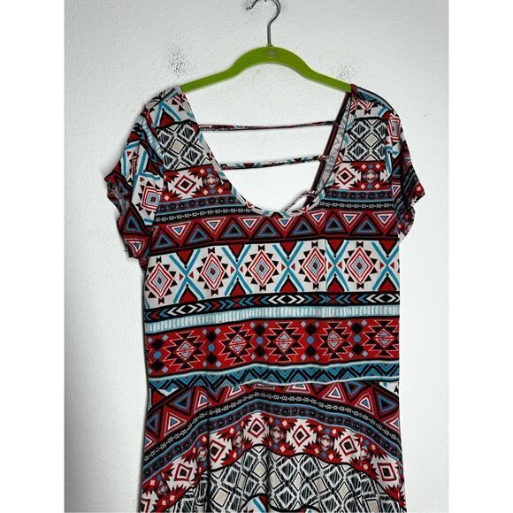 Bobbie Brooks Womens Dress Plus Size 1X Red Multi Geometric Strap Back - Picture 2 of 11